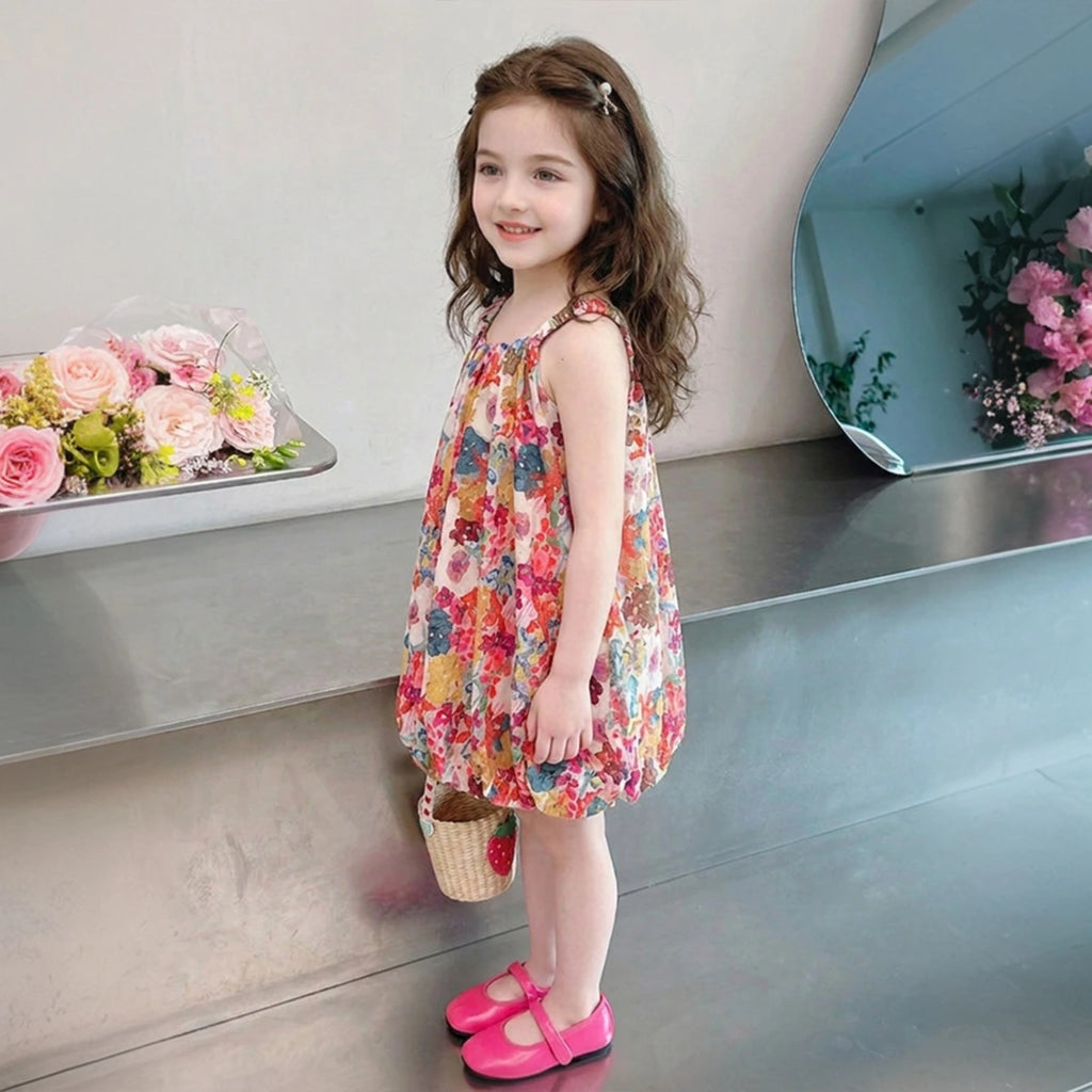Girls Multicolor Floral Print Sleeveless Balloon Dress Casual Dresses