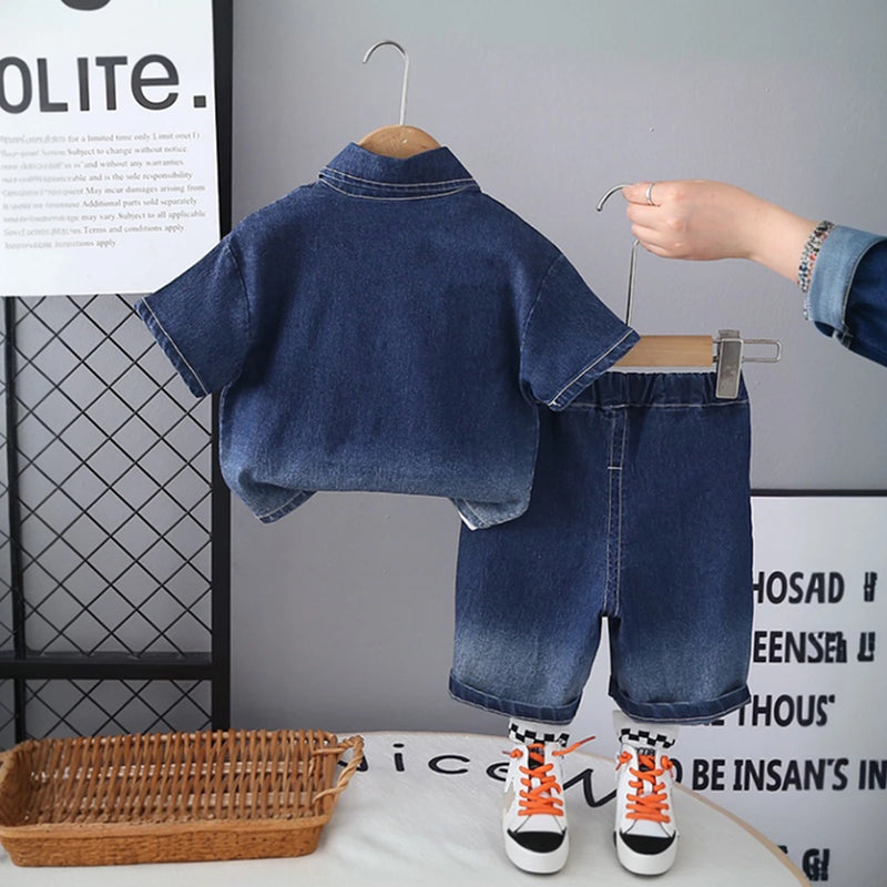 Boys Blue Short Sleeve Denim Shirt With Printed T-Shirt And Shorts Sets 3 pc. Sets