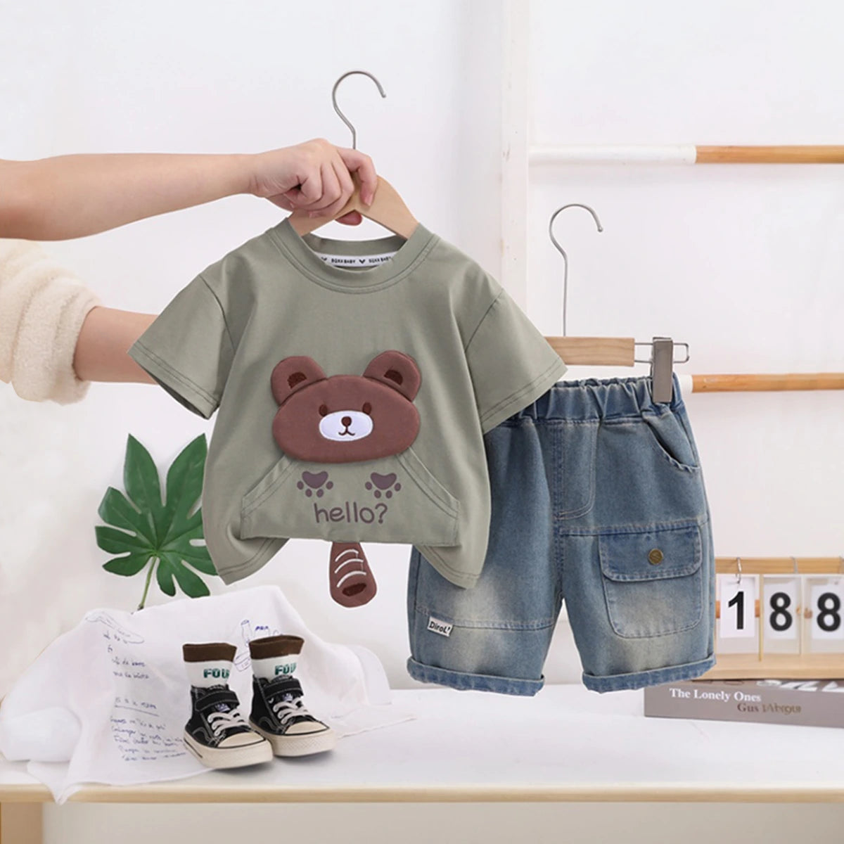 Boys Green Bear Motif Short Sleeve T-Shirt With Denim Shorts Sets 2 pc. Sets Green 1-2 Y