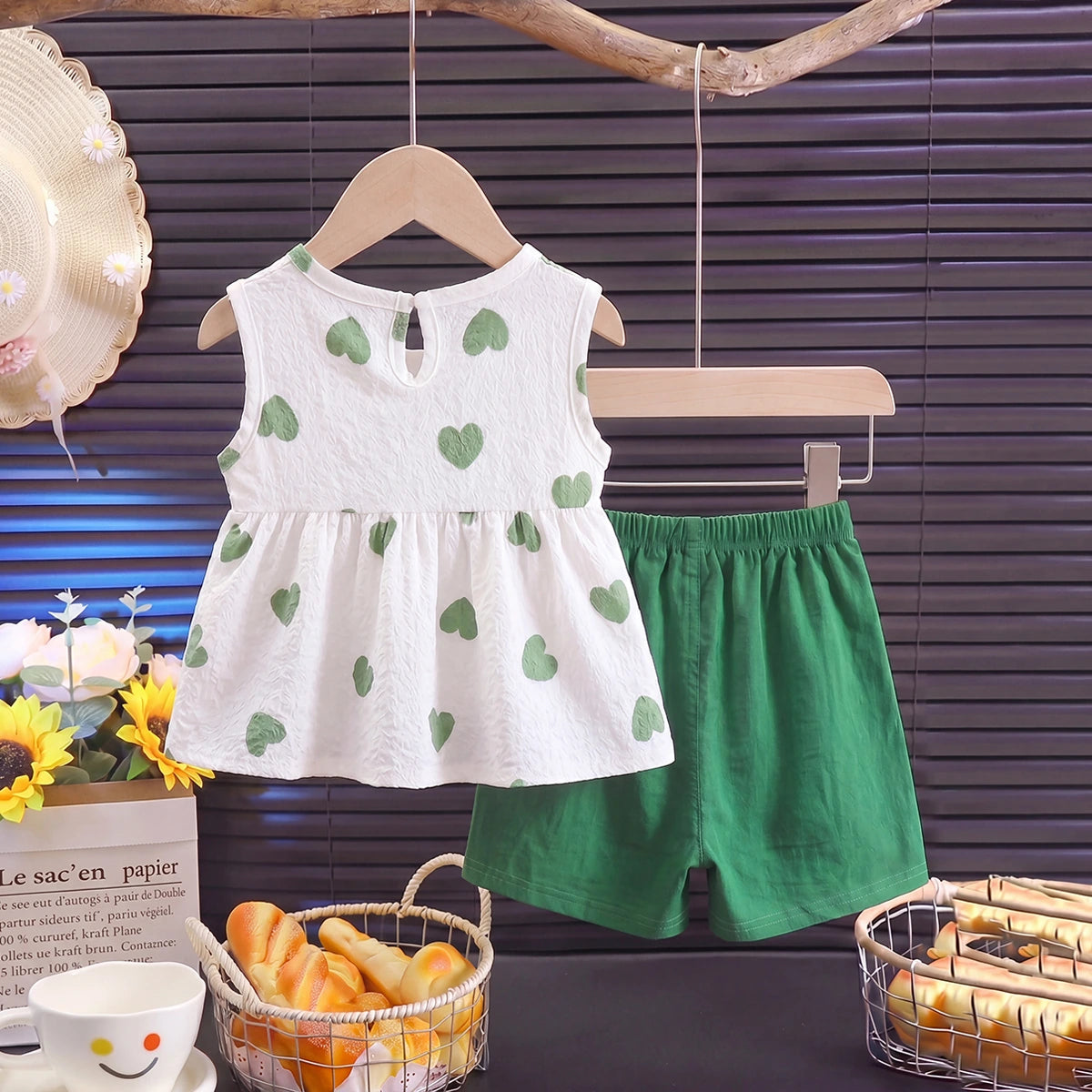 Girls Green Heart Print Sleeveless Peplum Top With Shorts Sets 2 pc. Sets