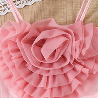 Girls Pink Large Flower Applique Crop Top With Denim Shorts Set Sets