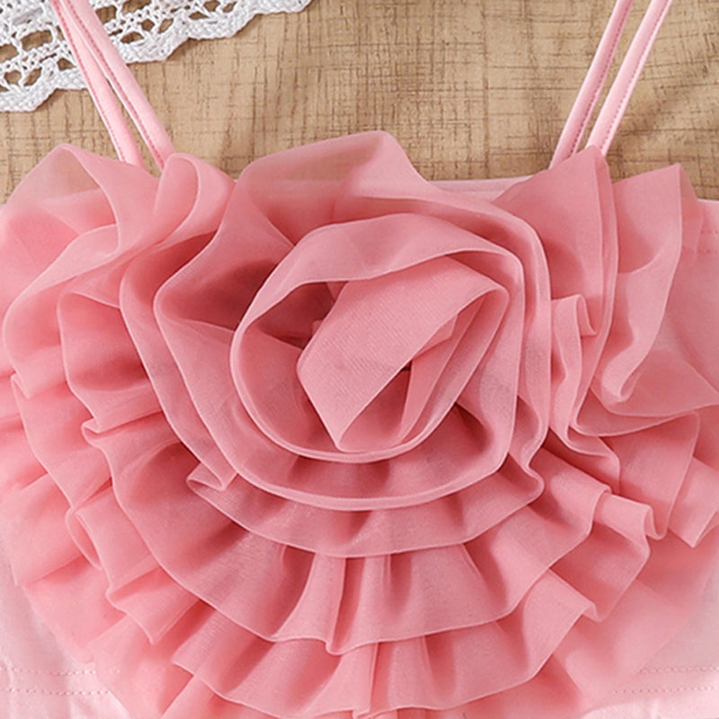 Girls Pink Large Flower Applique Crop Top With Denim Shorts Set Sets