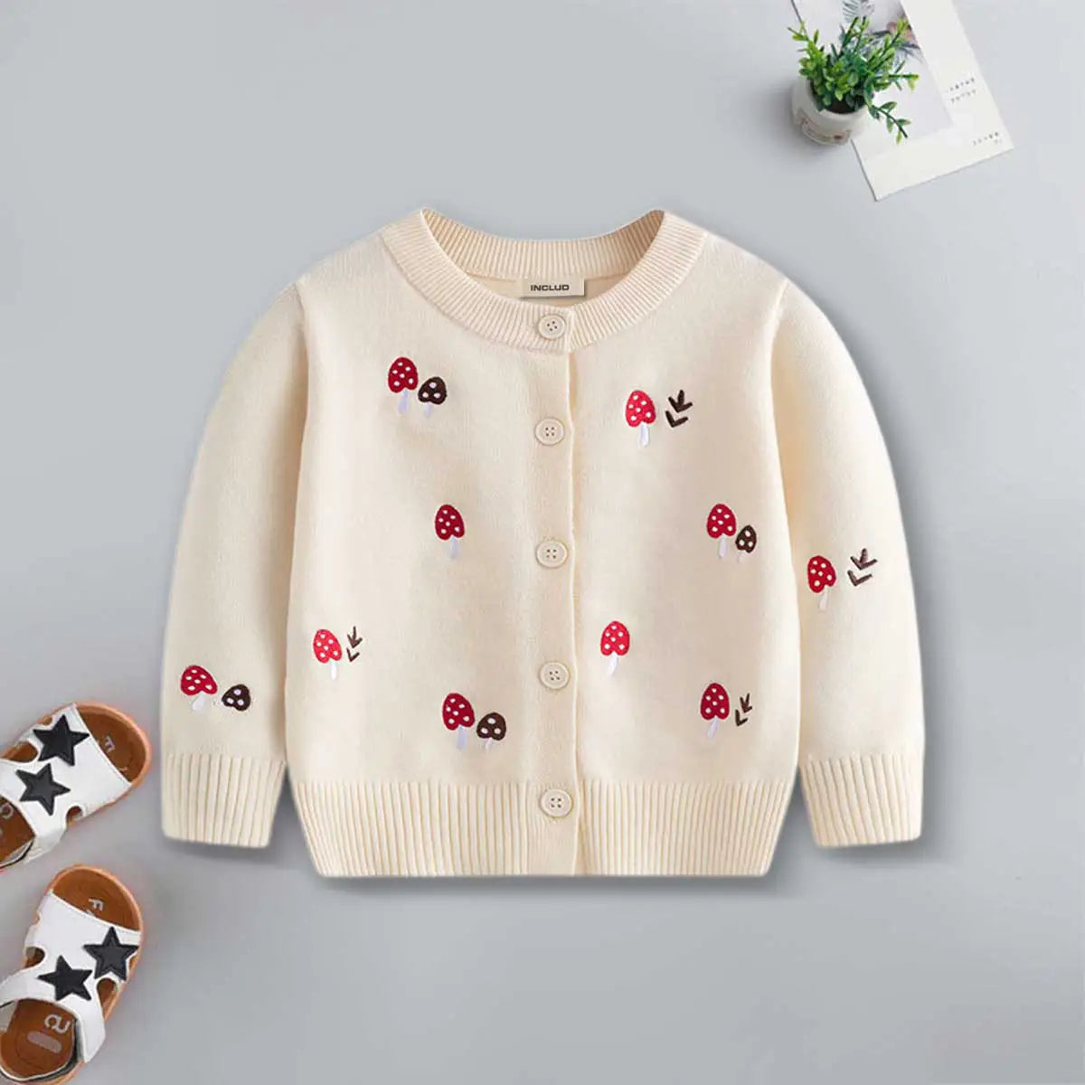 Girls Apricot Long Sleeve Mushroom Embroidered Knitted Cardigan Sweaters & Cardigans Apricot 2-3 Y