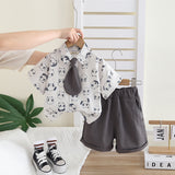 Boys Printed Short Sleeves Shirt With Dark Grey Shorts Set