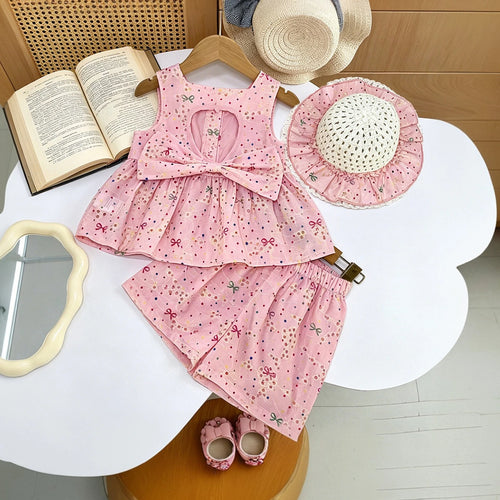 Girls Pink Bow Printed Sleeveless Top With Elasticated Shorts Sets 2 pc. Sets