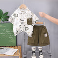 Boys Contrast Front Pocket Printed Shirt With Green Shorts Set 2 pc. Sets Green 1-2 Y