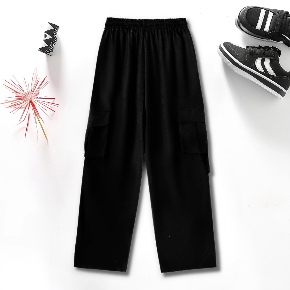 Girls Black Solid Straight Fit Cargo Trousers Cargo Pants