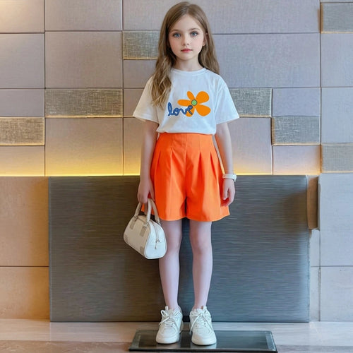 Girls Orange Floral Graphic Shorts Sets With Handbag Sets Orange 5-6 Y
