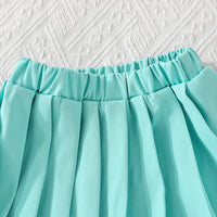 Girls Turquoise Blue Embellished Ruffled Blazer Vest With Pleated Skirt & Camisole Top Sets Sets