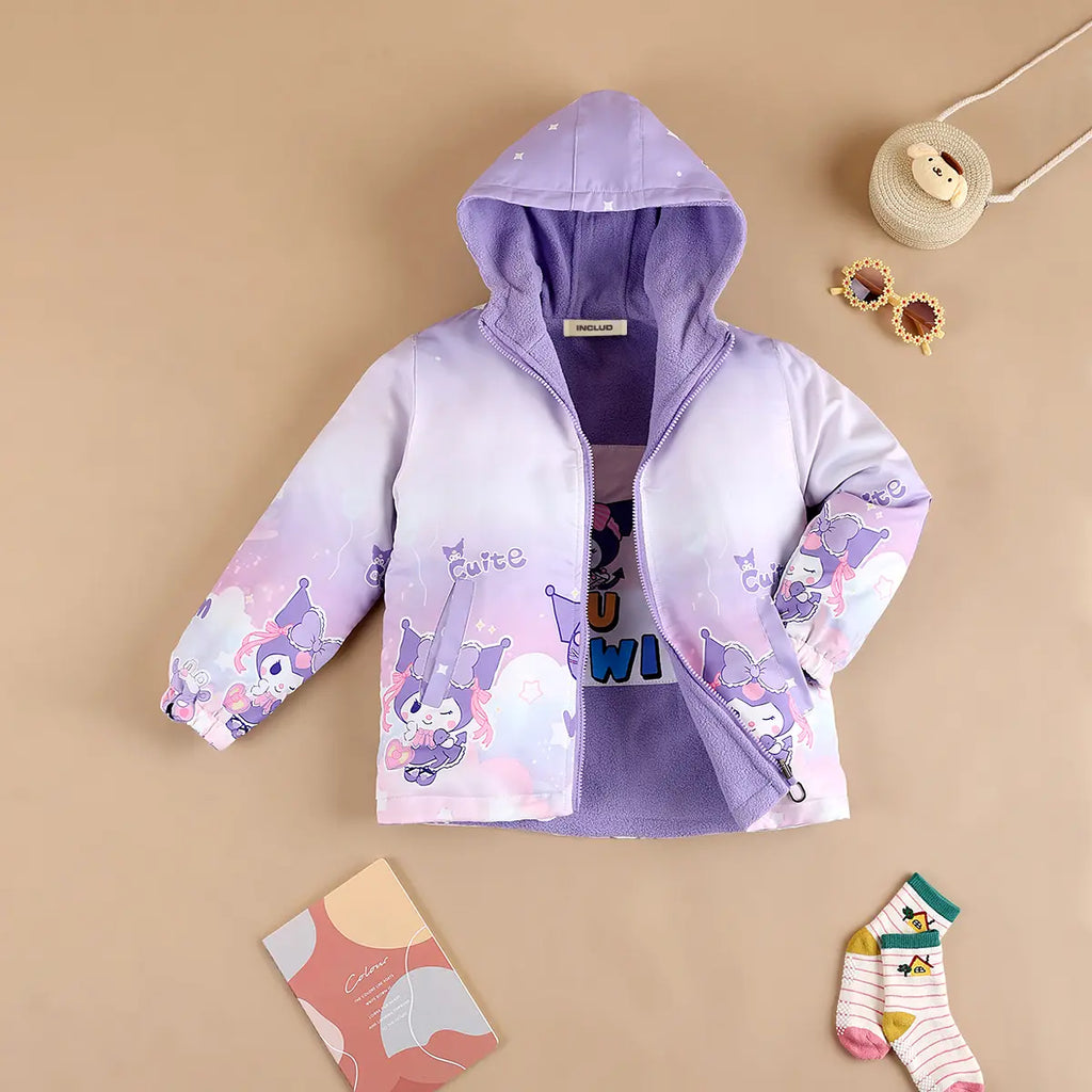 Girls Purple Kuromi Cartoon Printed Reversible Hooded Zipper Jacket Coats & Jackets