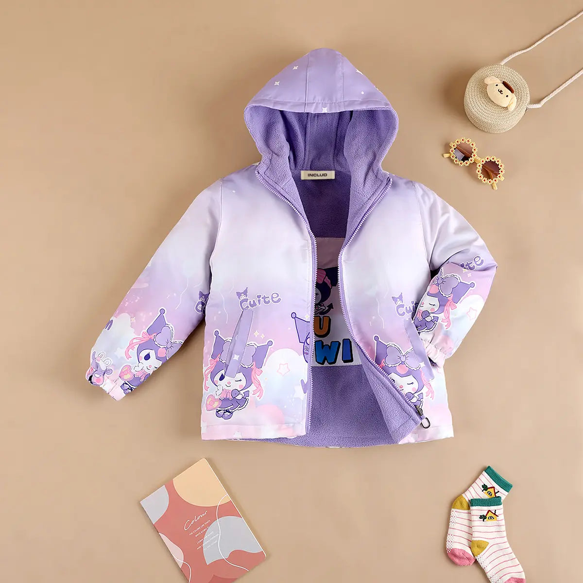 Girls Purple Kuromi Cartoon Printed Reversible Hooded Zipper Jacket Coats & Jackets