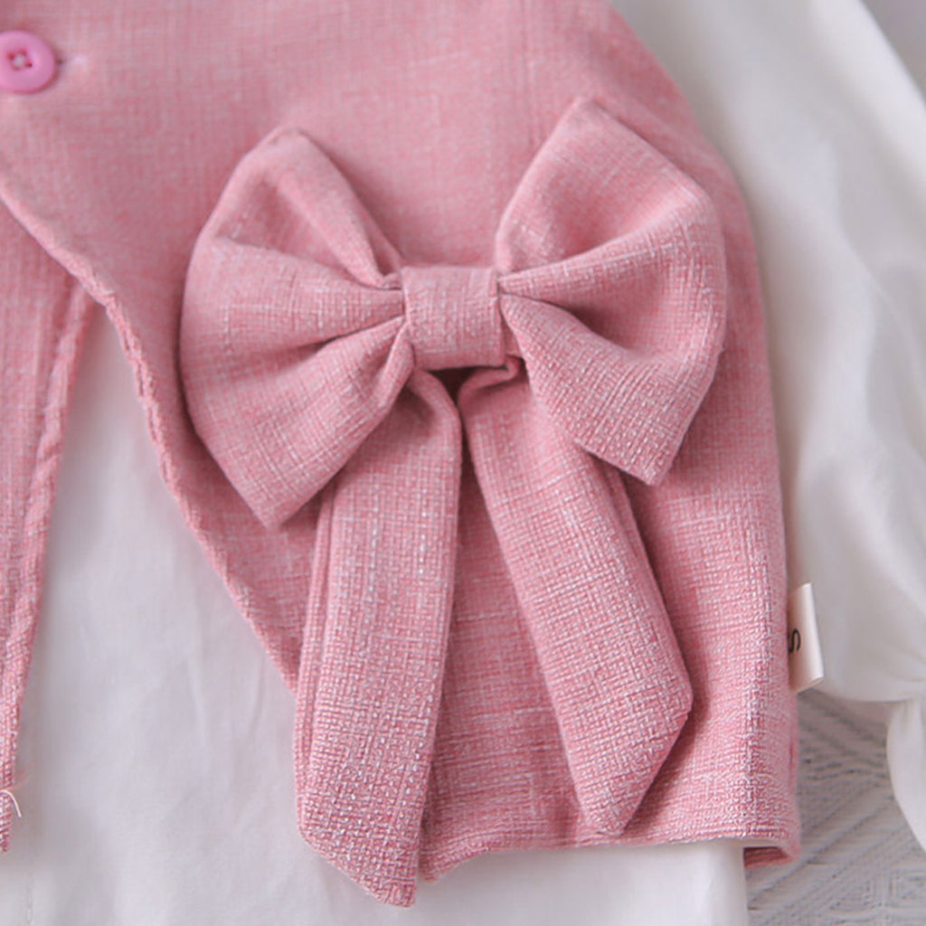 Girls Pink Textured Sleeveless Jacket With Top & Pants Set Sets
