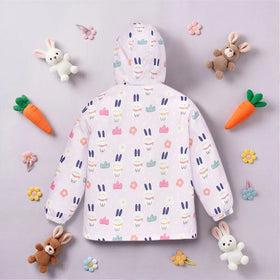 Girls Light Purple Rabbit Printed Reversible Hooded Zipper Jacket Coats & Jackets