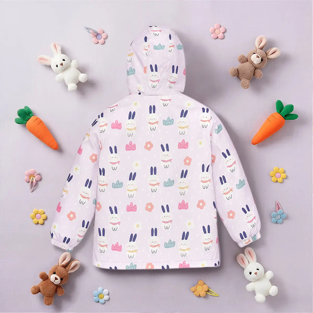 Girls Light Purple Rabbit Printed Reversible Hooded Zipper Jacket Coats & Jackets