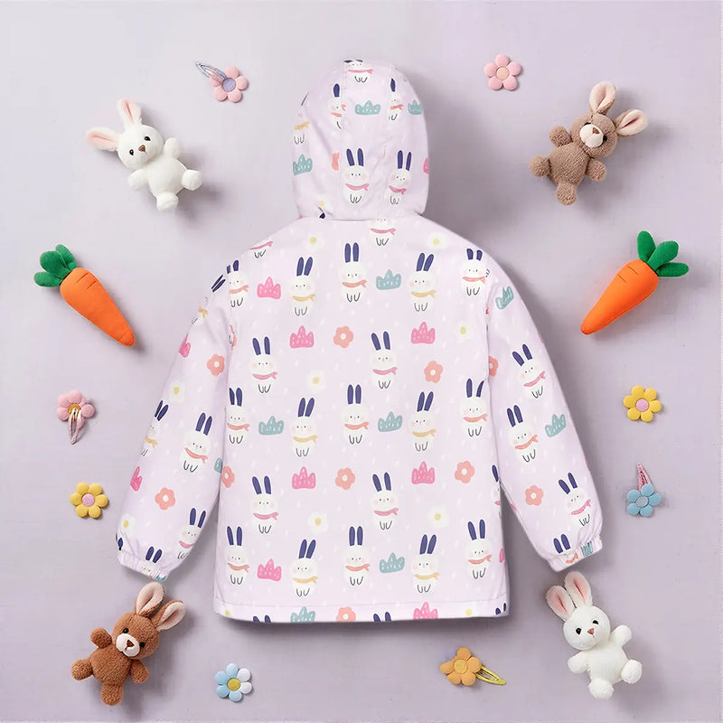 Girls Light Purple Rabbit Printed Reversible Hooded Zipper Jacket Coats & Jackets