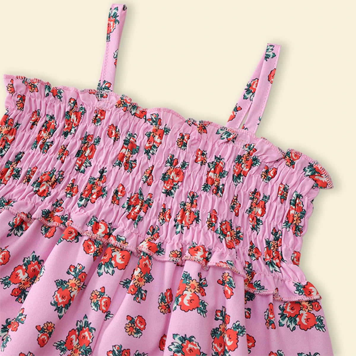 Girls Pink Sleeveless Floral Printed Smocked Long Length Jumpsuit Jumpsuits