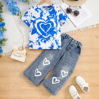 Girls Blue Tie-Dye Heart Print T-Shirt & Denim Pants Set Sets Blue 3-4 Y