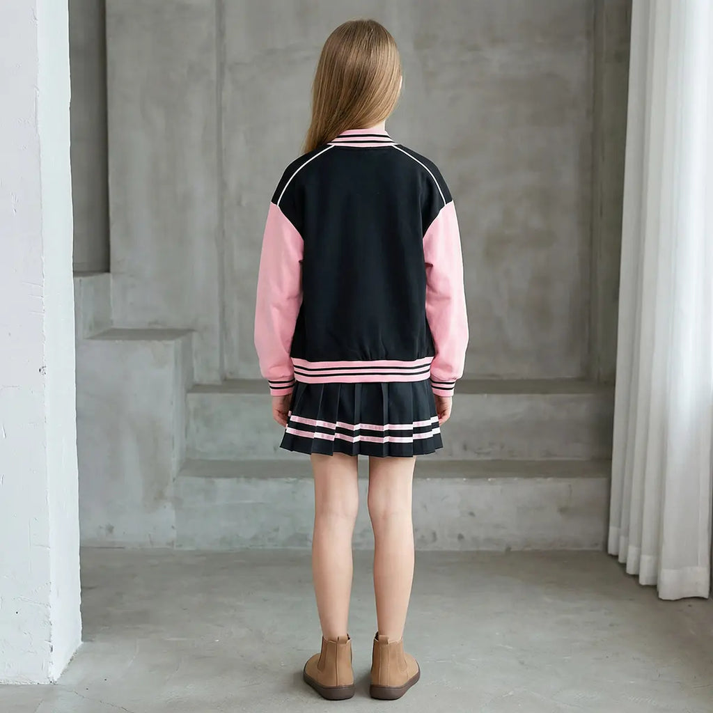 Girls Pink Alphanumeric Printed Varsity Jacket With Pleated Skirt Sets 2 pc. Sets