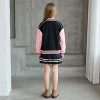 Girls Pink Alphanumeric Printed Varsity Jacket With Pleated Skirt Sets 2 pc. Sets