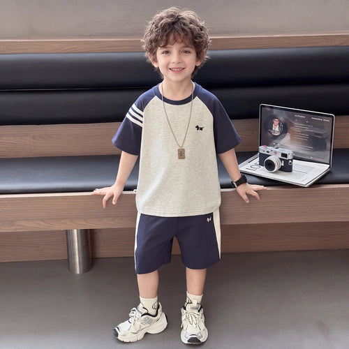 Boys Navy Blue Embroidered Raglan Sleeve T-Shirt With Shorts Sets 2 pc. Sets Navy Blue 1-2 Y