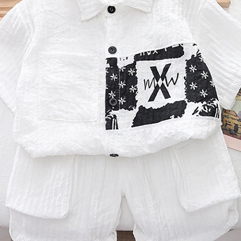 Boys White Typographic Printed Short Sleeve Shirt With Elasticated Shorts Sets 2 pc. Sets