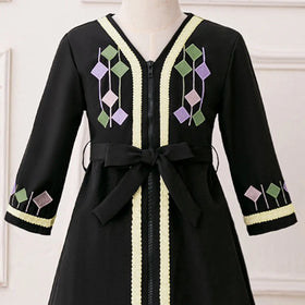 Girls Black Embroidered Fit & Flare Dress With V-neckline Casual Dresses