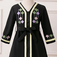 Girls Black Embroidered Fit & Flare Dress With V-neckline Casual Dresses