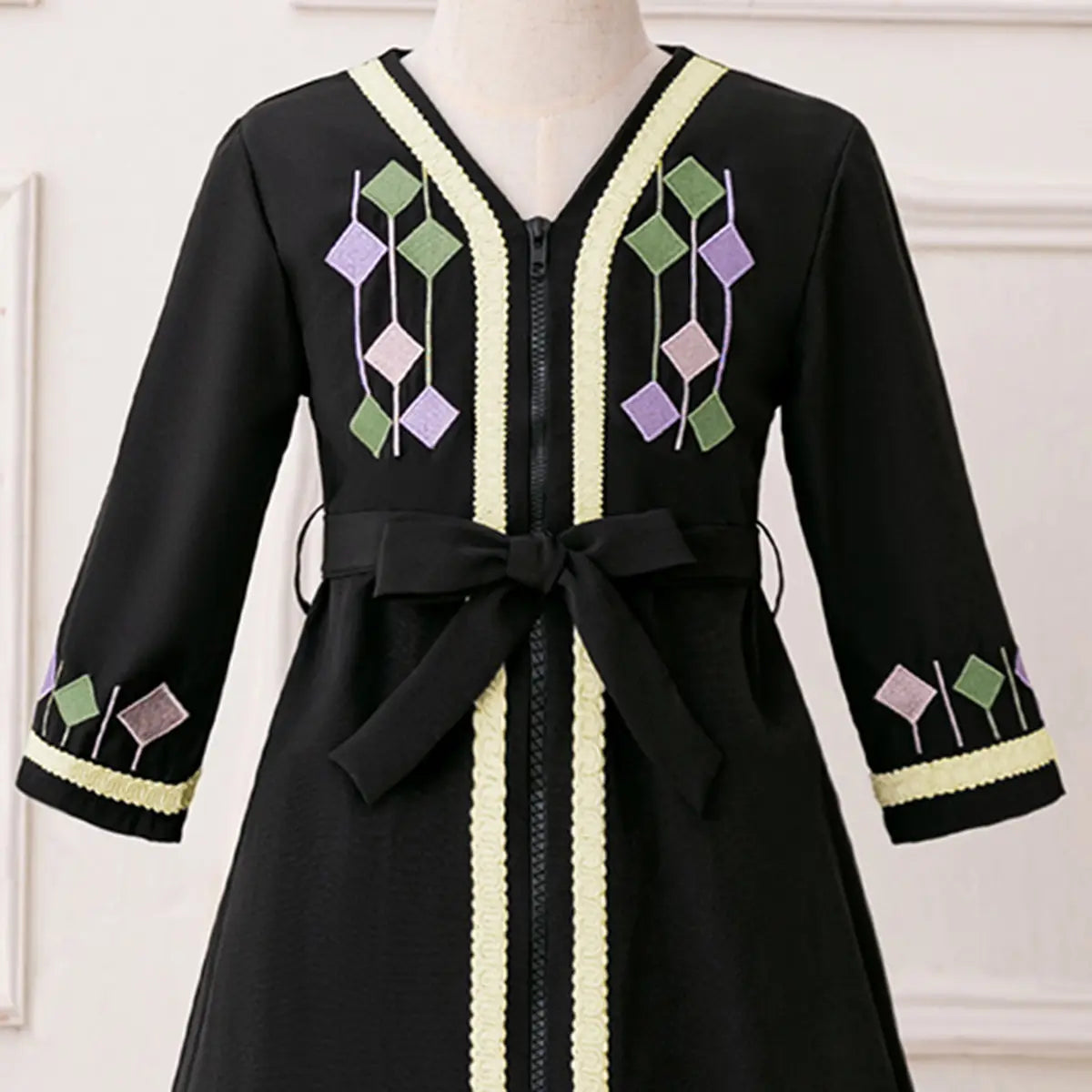 Girls Black Embroidered Fit & Flare Dress With V-neckline Casual Dresses