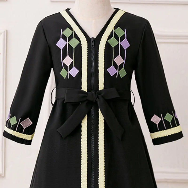 Girls Black Embroidered Fit & Flare Dress With V-neckline Casual Dresses