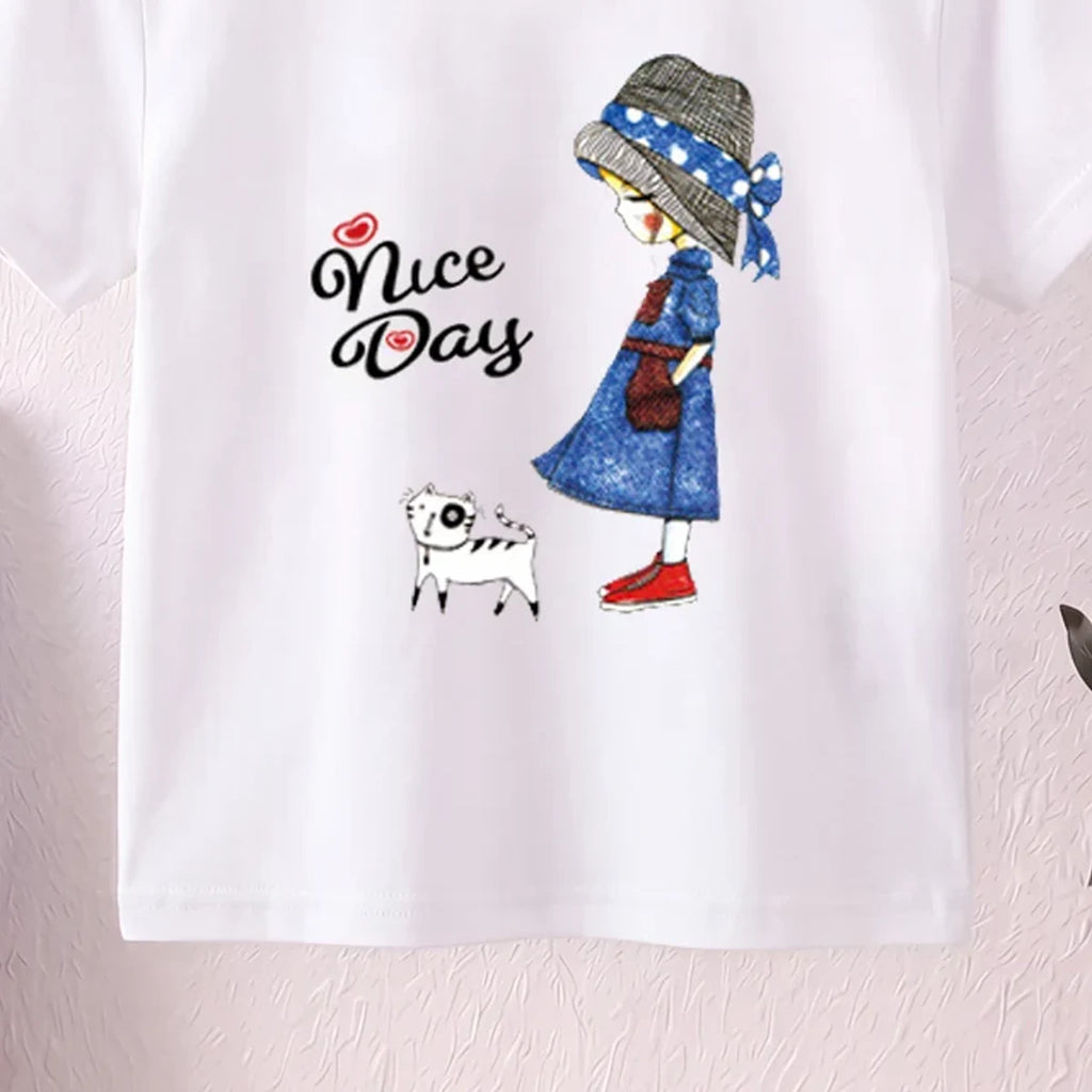 Girls White Nice Day Typography Print Short Sleeve T-Shirt Tshirts
