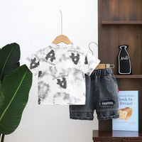 Boys White Typographic Print Short Sleeves T-Shirt With Denim Shorts Set Sets