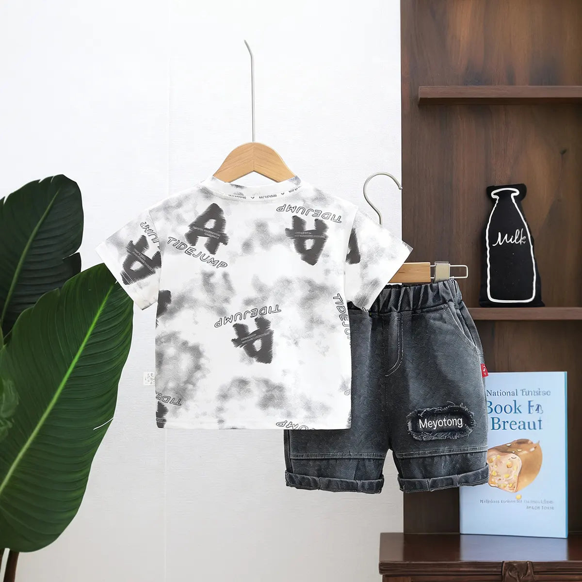 Boys White Typographic Print Short Sleeves T-Shirt With Denim Shorts Set Sets