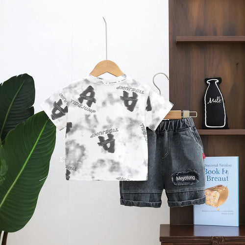 Boys White Typographic Print Short Sleeves T-Shirt With Denim Shorts Set Sets