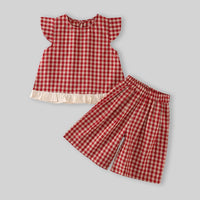 Girls Red Checked Ruffle Cap Sleeve Top With Elasticated Shorts Sets Sets