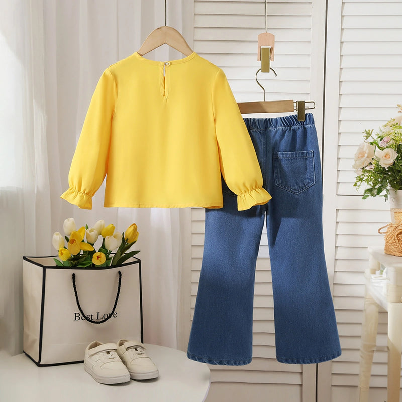 Girls Yellow Long Sleeve Top With Denim Pants Sets 2 pc. Sets
