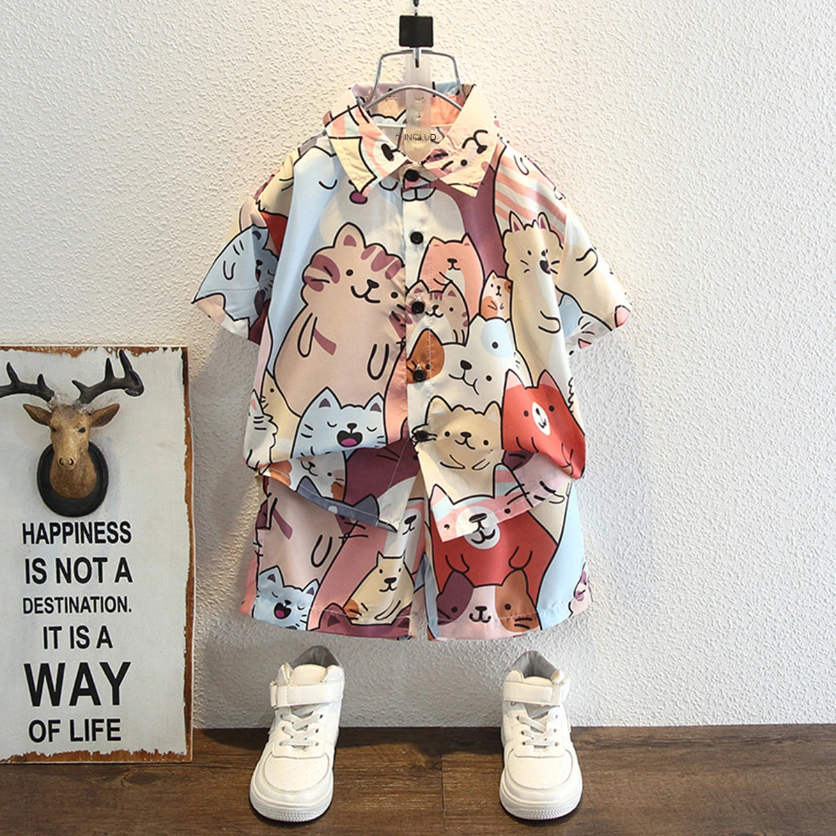 Boys Multicolor Allover Cat Print Button-Down Shirt & Shorts Co-ord Sets Sets Multicolor 1-2 Y