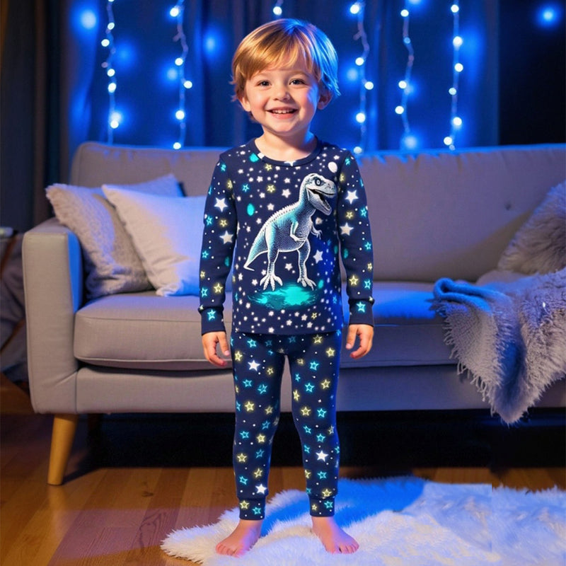 Boys Black Dinosaur Printed Glow in the Dark T-Shirt & Pajama Winter Set 2 pc. Sets Black 3-4 Y
