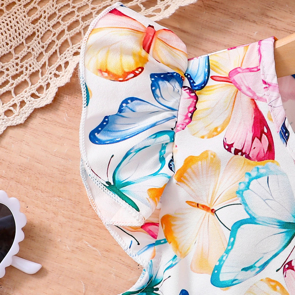 Girls Multicolor Butterfly Print Flutter Sleeve Fit & Flare Dress Casual Dresses