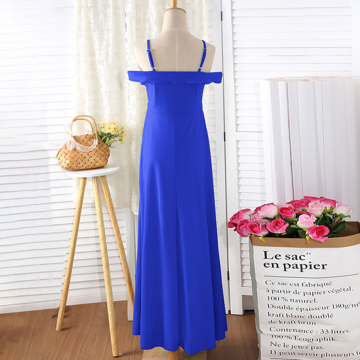 Girls Royal Blue Off Shoulder Spaghetti Strap Gown Party Dresses