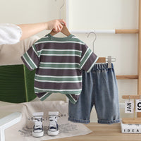 Boys Dark Grey Striped Short Sleeves T-Shirt With Denim Shorts Set 2 pc. Sets