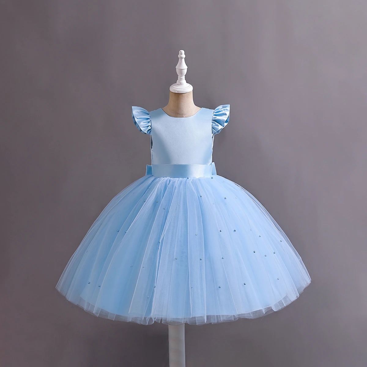 Girls Sky Blue Pearl-Embellished Flutter Sleeve Party Wear Dress Party Dresses Sky Blue 1-2 Y