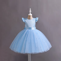Girls Sky Blue Pearl-Embellished Flutter Sleeve Party Wear Dress Party Dresses Sky Blue 1-2 Y