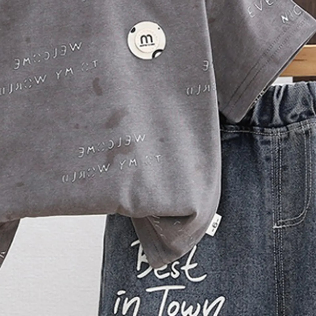Boys Grey Typographic Print T-Shirt With Distressed Denim Shorts Set Sets
