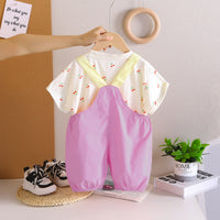 Girls Cherry Printed T-Shirt With Purple Cherry 3D Appliqued Dungaree Set 2 pc. Sets