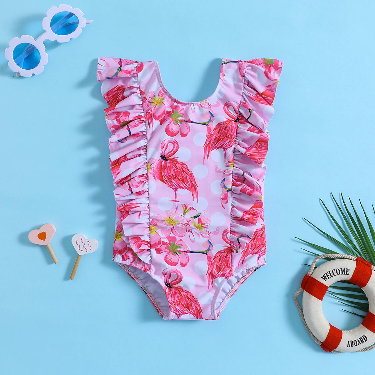 Girls Pink Flamingo Printed Ruffled Swimwear Bodysuit Beachwear Pink 1-2 Y