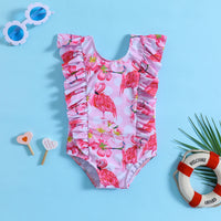 Girls Pink Flamingo Printed Ruffled Swimwear Bodysuit Beachwear Pink 1-2 Y