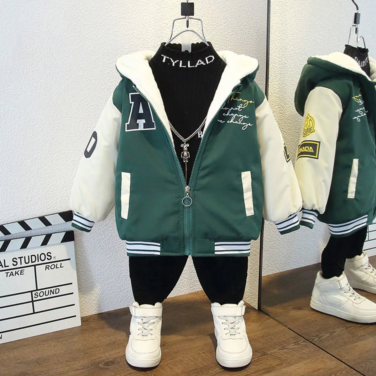 Girls Green Printed Varsity Jacket With Fleece Lining Coats & Jackets Green 1-2 Y