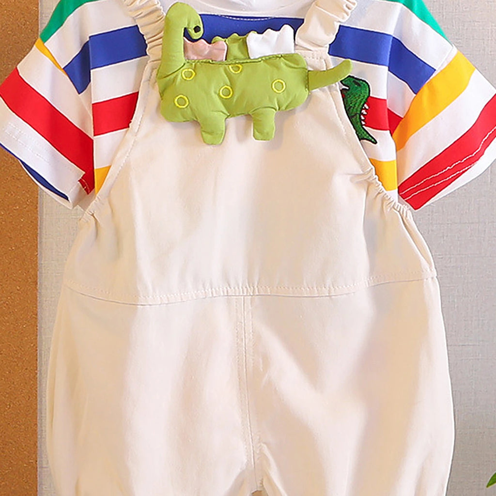 Boys Short Sleeve T-Shirt With Beige Dinosaur Applique Dungaree Sets 2 pc. Sets