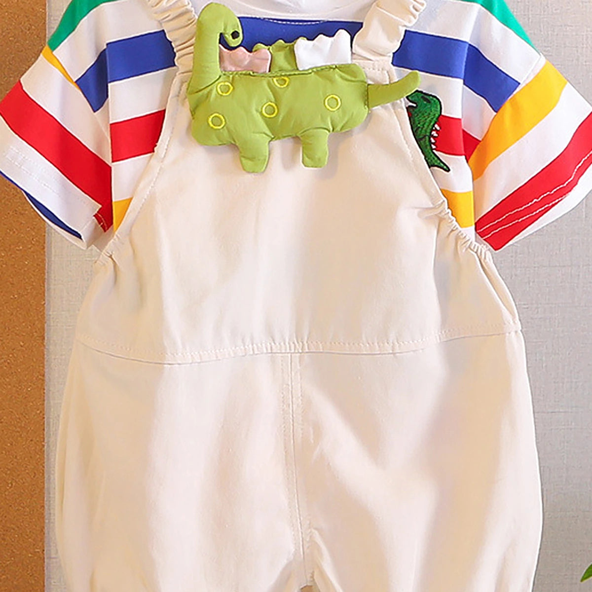 Boys Short Sleeve T-Shirt With Beige Dinosaur Applique Dungaree Sets 2 pc. Sets
