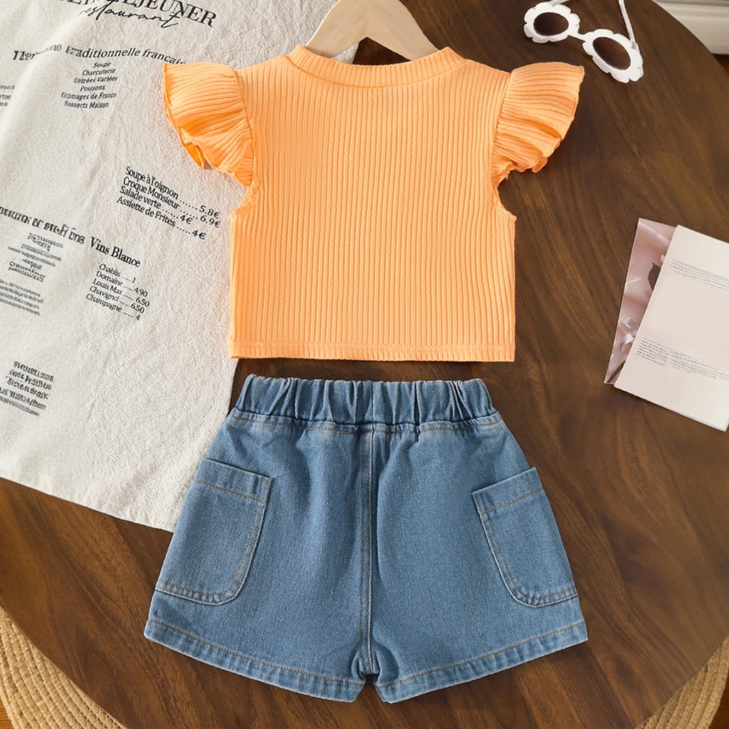 Girls Orange Pearl Embellished Top With Denim Shorts Set Sets